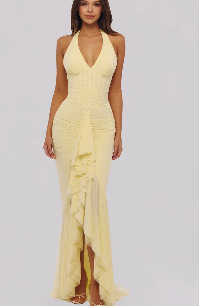 Soleya Halter Neck Ruched Maxi Dress – Yellow Wedding Guest Dress
