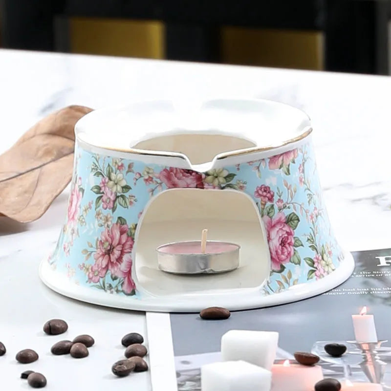 English Garden Ceramic Teapot with Candle Warmer – Vintage Floral Afternoon Tea Pot