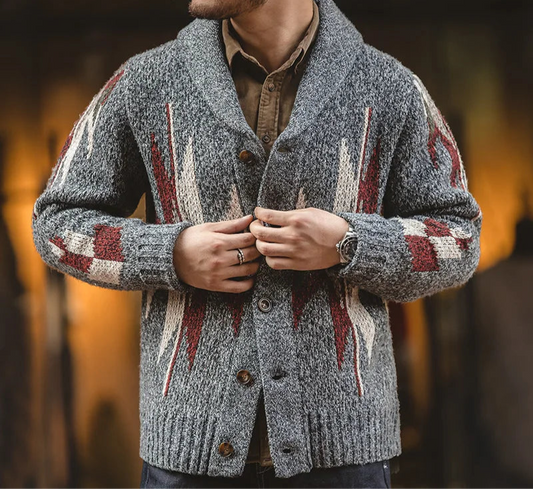 Ashworth Shawl Collar Cardigan – Men's Thick Knit Geometric Button-Up Wool Blend Jumper