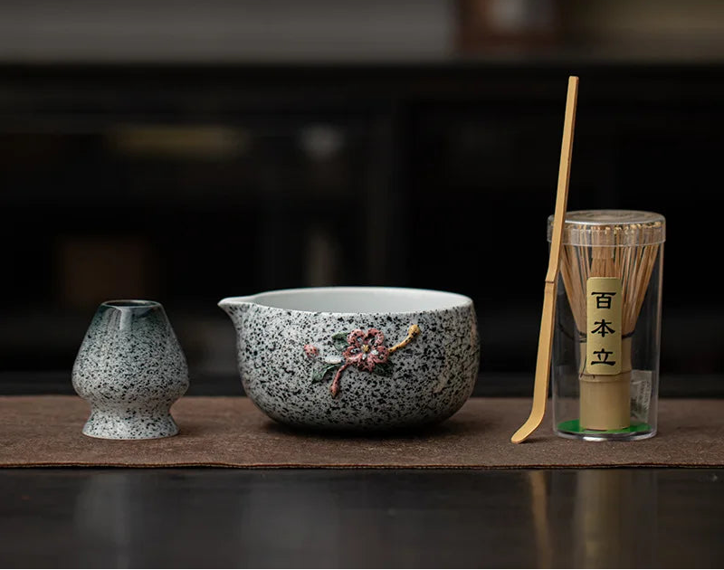 Blossom & Flecked Glaze Matcha Whisk Gift Set – Japanese Matcha Tea Set with Bamboo Whisk, Bowl & Accessories