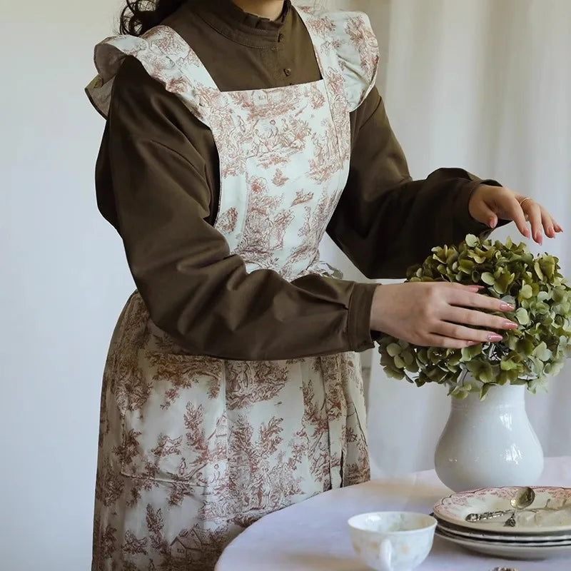 Water-Repellent Floral Ruffle Apron Dress – Vintage Full-Length Apron with Shoulder Frills and Tie Waist for Kitchen & Home