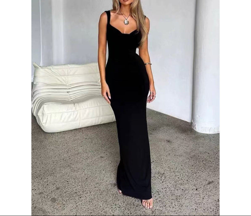 Maristela Backless Satin Bow Maxi Dress – Sleeveless Open Back Formal Gown in Red or Black