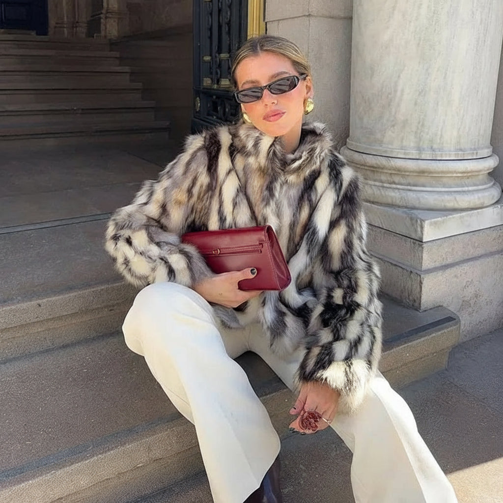 Novella Fur Faux Fur Zebra Print Coat – Statement Animal Print Faux Fur Jacket for Women