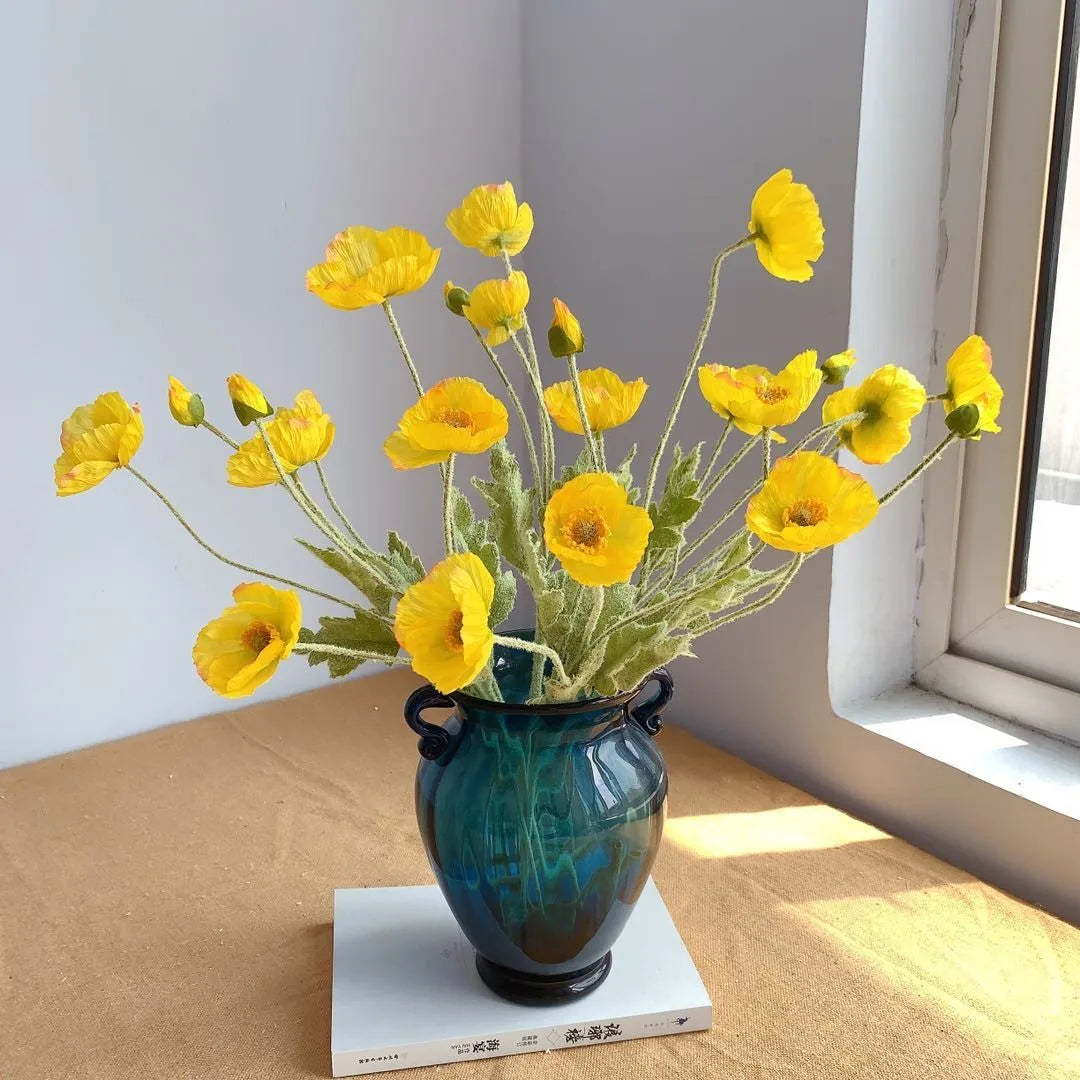 Meadow Poppy Stem Bundle – Silk Poppy Flower Stem with 3 Blooms and 1 Bud for Vase Arrangements and Home Styling