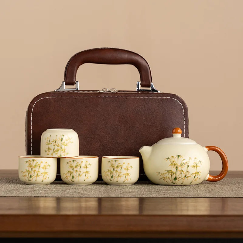 Bamboo Grove Ceramic Travel Tea Set – Teapot and 4 Teacups Portable Tea Set with Carry Case for Home, Gifting and Outdoor Use