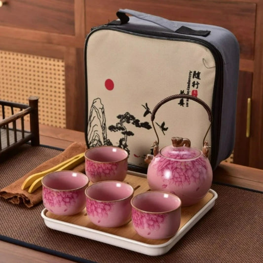 Willow Grove Travel Tea Set Collection – Ceramic Teapot and 4 Teacups Portable Tea Set with Case for Home, Gift and Outdoor Use