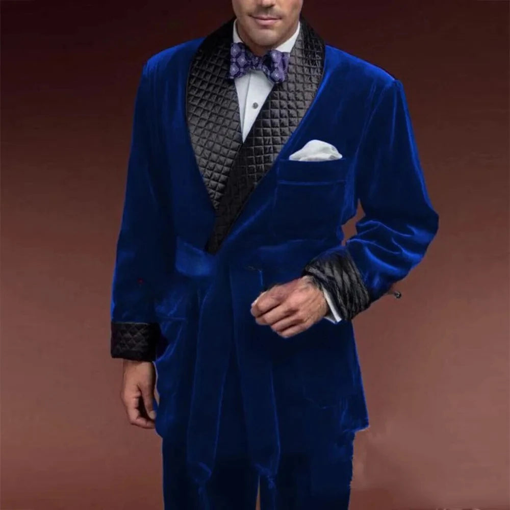 Kingswell Velvet Smoking Jacket – Men’s Quilted Lapel Evening Dinner Jacket with Waist Tie and Chest Pocket Square
