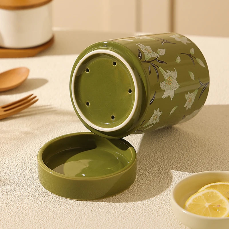 Floral Ceramic Kitchen Utensil Holder with Drain Tray – Cutlery Caddy, Chopstick Holder, Spoon & Fork Storage Jar
