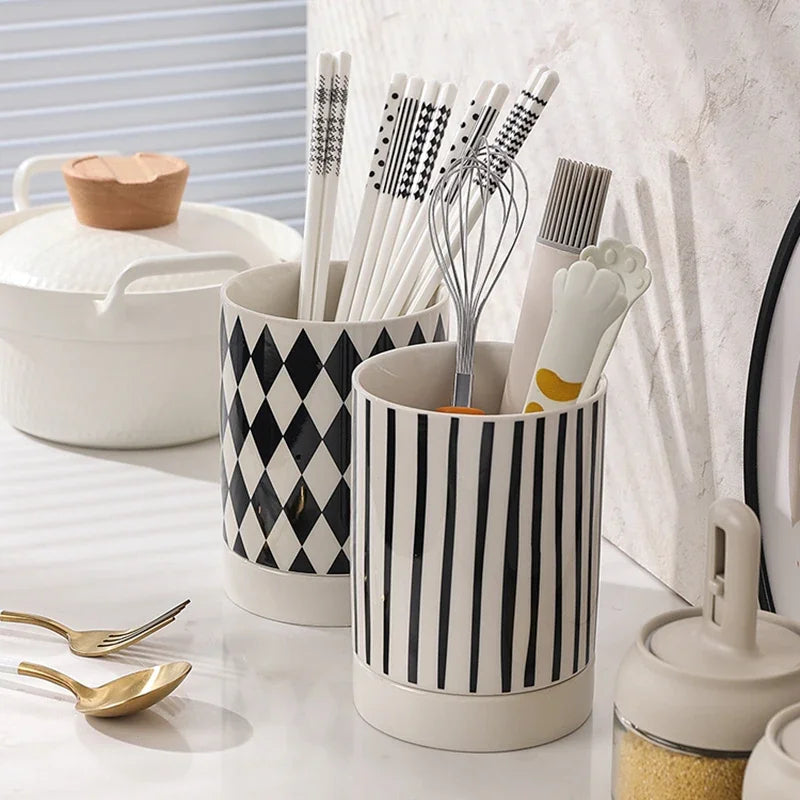 Kitchen Utensil Holder – Ceramic Cutlery Caddy, Utensil Crock, Chopstick Holder and Kitchen Countertop Organiser with Drip Base, Geometric Designs