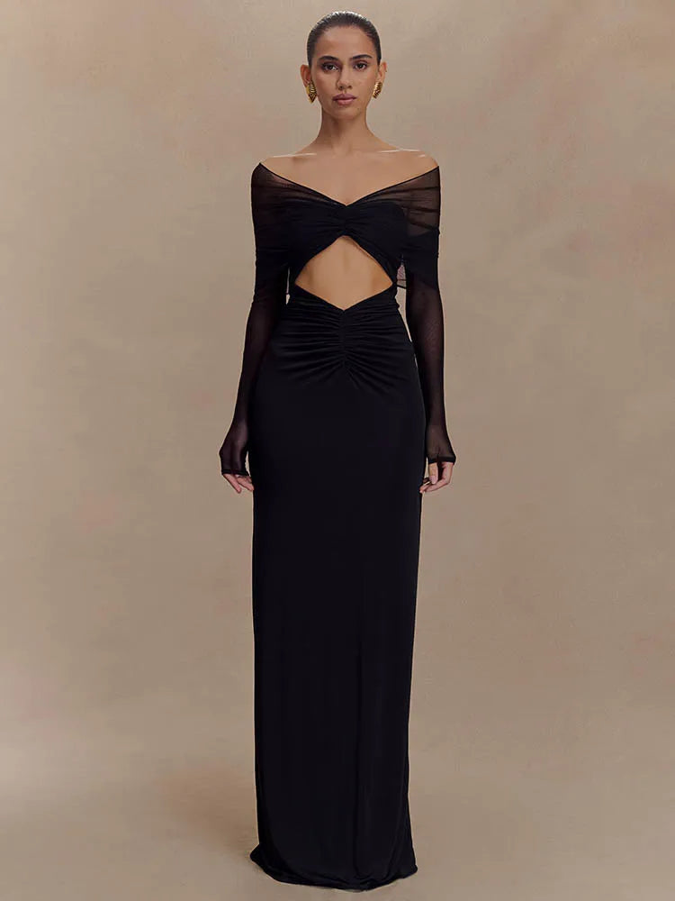 Avielle Off-Shoulder Mesh Bodycon Maxi Dress – Twist Front Ruched Cut-Out Gown for Weddings and Evening Occasions