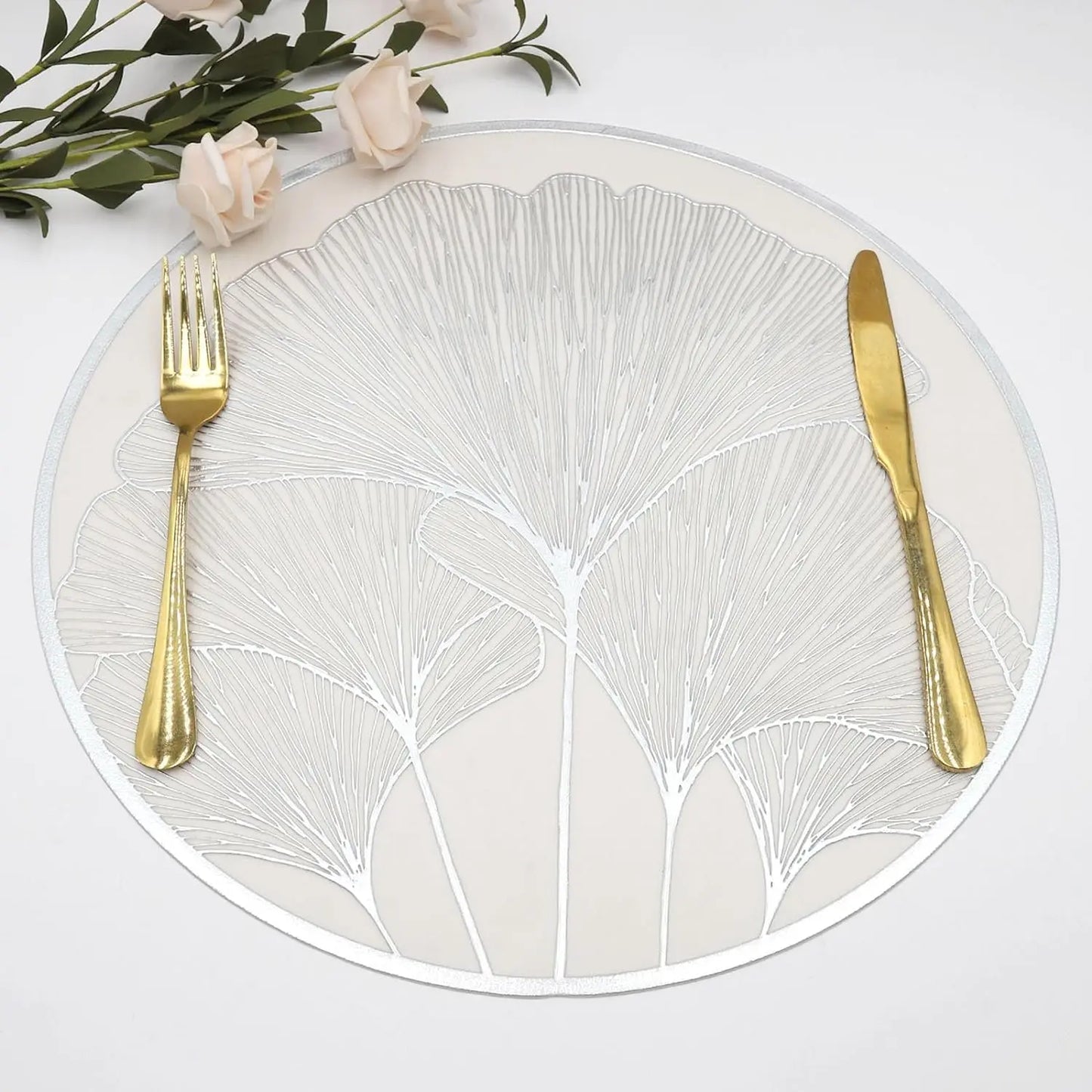 Ginkgo Leaf Round Dining Placemats – 6 Piece Set Non Slip Waterproof Table Mats 38cm Heat Resistant Wipe Clean Dining Table Mats