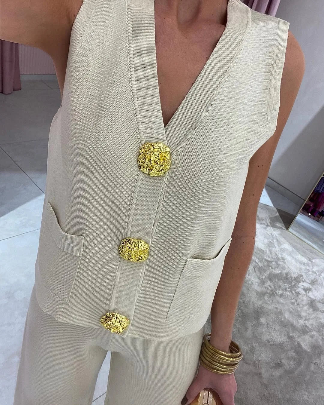 Solvaira Gold Button Knit Co-Ord Set – Sleeveless Knit Two Piece with Wide Leg Trousers for Summer & Holiday Outfits