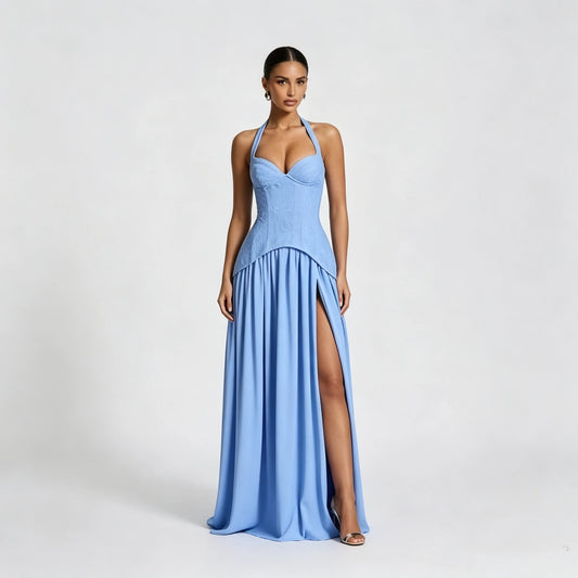 Elara Lace Corset Halterneck Maxi Dress