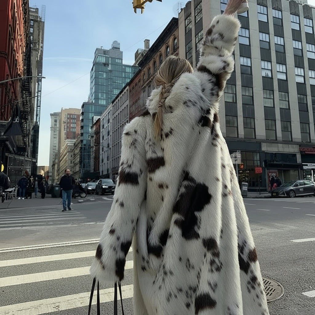 Carmisse Longline Faux Fur Coat – Women’s Luxury Oversized Cow Print Animal Faux Fur Jacket for Winter Outerwear & Statement City Style