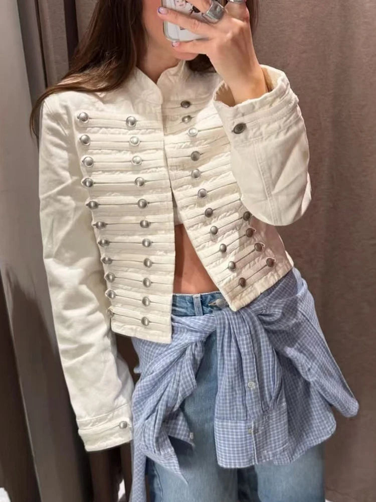 Elarique Military Button Denim Jacket – Cropped Collarless Women's Jacket