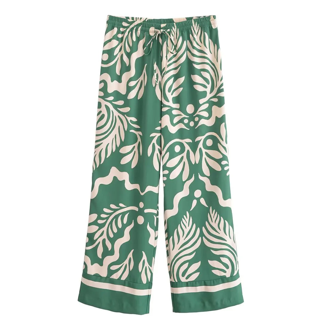 Callista Printed Co-Ord Set – Button-Up Shirt and Wide-Leg Trousers in Black or Green