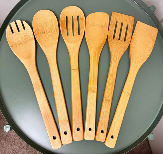 Bamboo Kitchen Utensil Set 6 Piece – Wooden Cooking Utensils, Non Stick Safe Spatula & Spoon Set