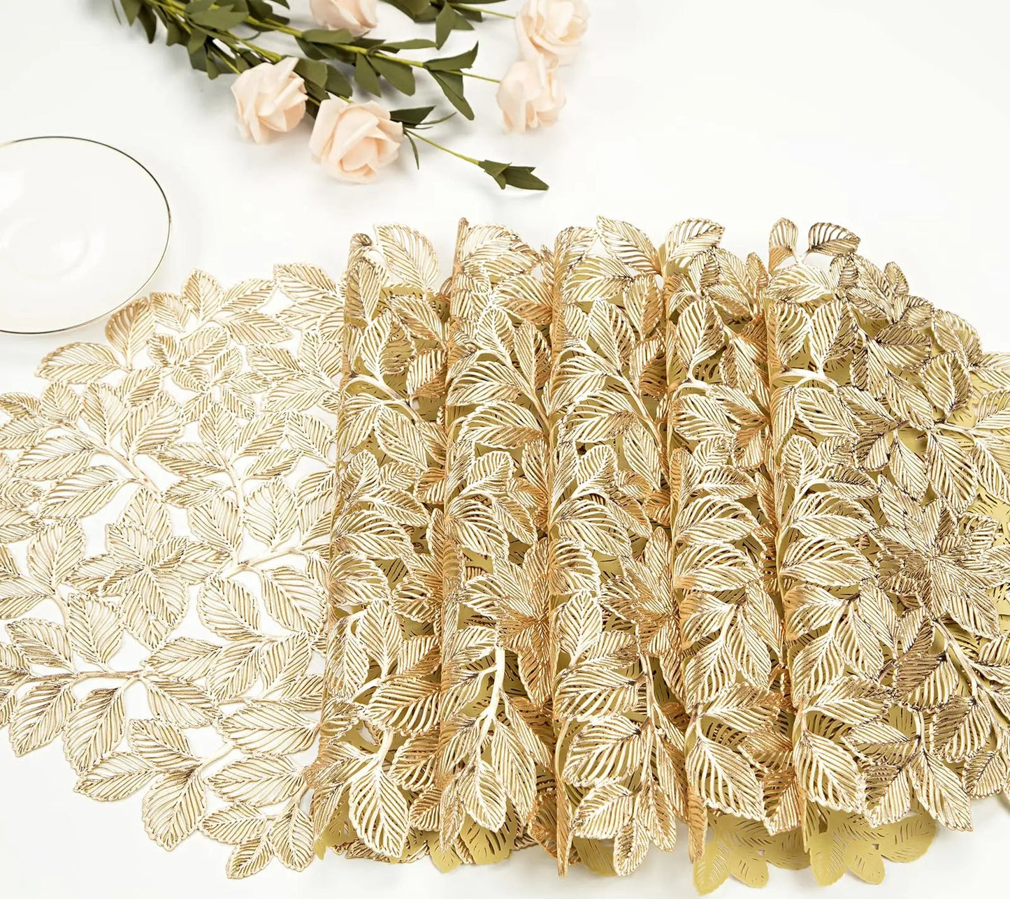 Leaf Cutwork Round Dining Placemats Set of 6 – Decorative Table Mats Non Slip Wipe Clean Heat Resistant Kitchen Table Placemats
