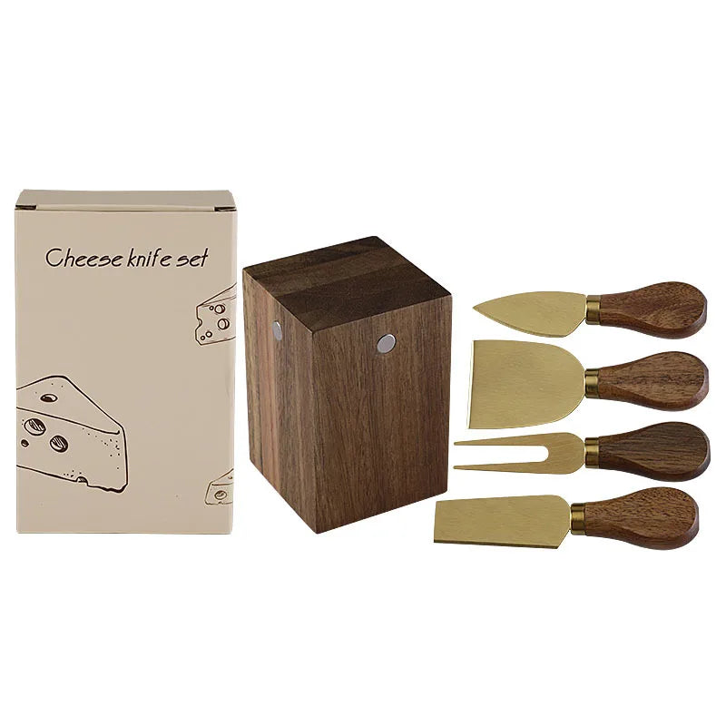 Acacia Wood Magnetic Cheese Knife Set – 5-Piece Stainless Steel Cheese Knives with Wooden Block Holder