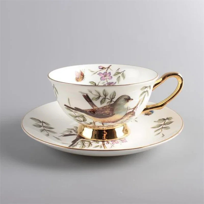 Botanical Bird Cup and Saucer Set – Hand Painted Ceramic Tea Set
