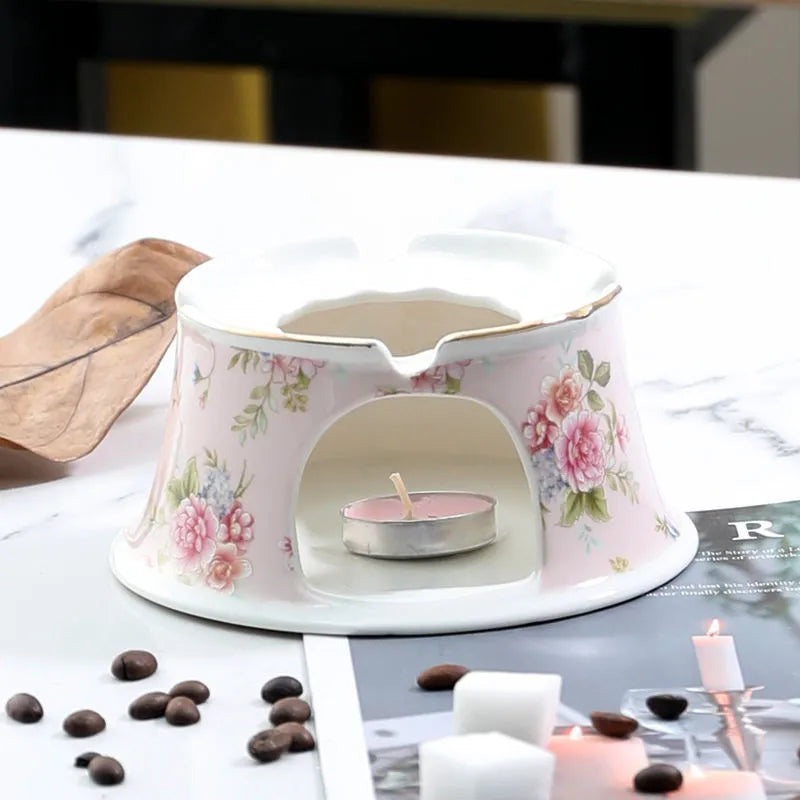 English Garden Ceramic Teapot with Candle Warmer – Vintage Floral Afternoon Tea Pot