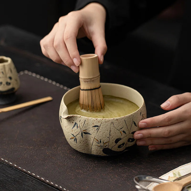 Bamboo Grove Ceramic Tea & Coffee Gift Set – 2, 4, & 8 - Piece Complete Home Tea Kit with Panda & Flower Design Bowl, Whisk and Scoop