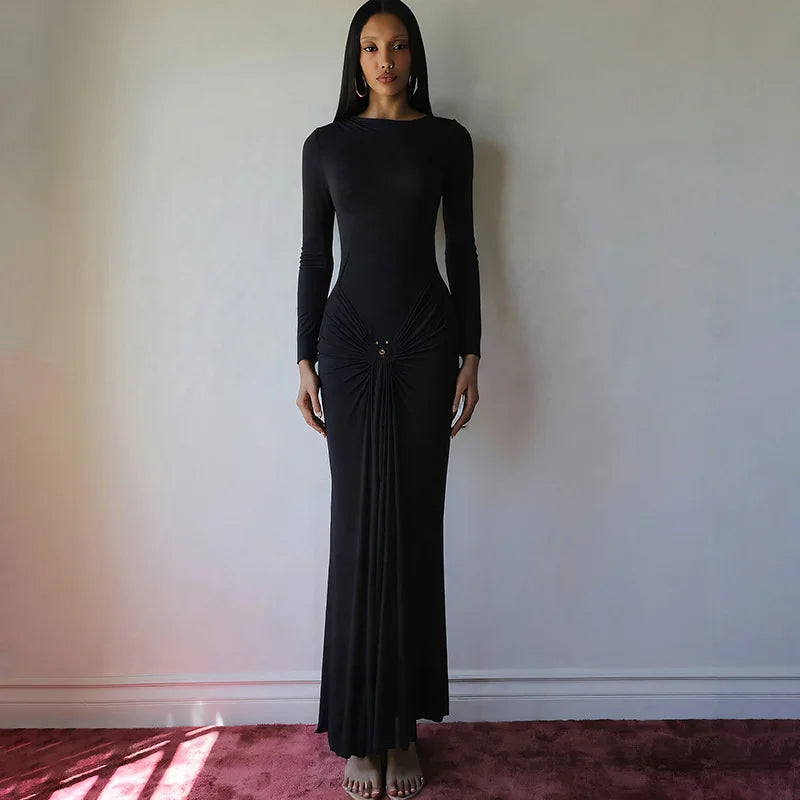 Solenza Draped Maxi Dress with Ruched Neck and Brooch Waist – Long Sleeve Evening Gown for Formal Events and Parties