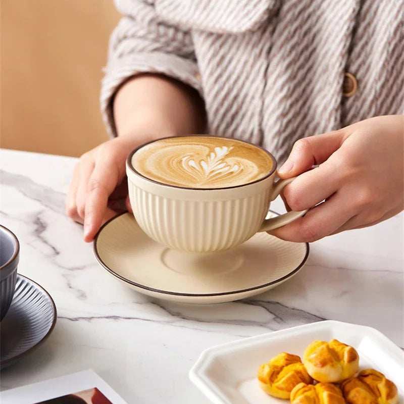 Ribbed Ceramic Tea and Coffee Cup and Saucer Set – Textured Cup with Handle, Modern Kitchen Drinkware