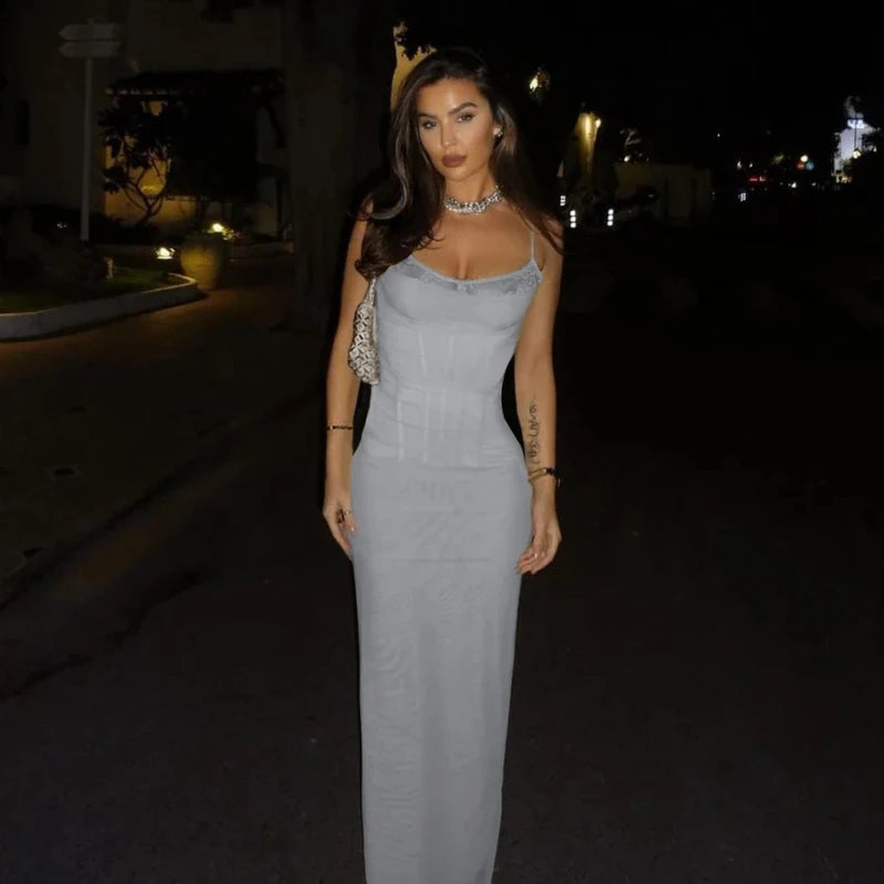 Selene Corset Mesh Maxi Dress – Sculpting Spaghetti Strap Bodycon Gown in Light Grey and Hot Pink