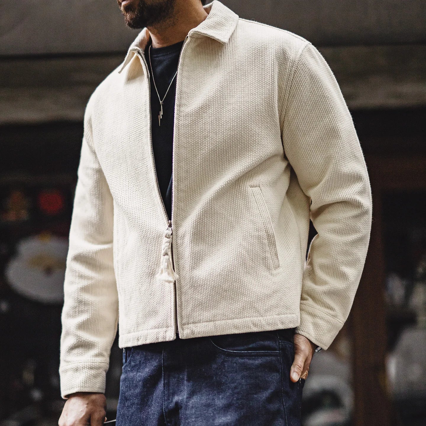 Brenton Men’s Ecru Cotton Zip Jacket – Heavyweight Textured Jacket with Turn-Down Collar