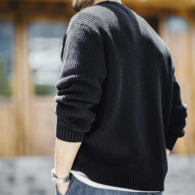Caelum Men’s Ribbed Henley Knit Jumper – Button Neck Black Textured Pullover