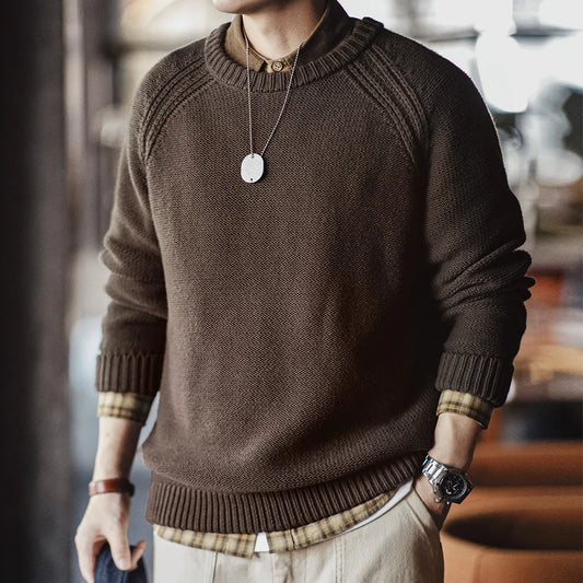 Men’s Heavyweight Knit Sweater – Premium Textured Jumper Pullover in Deep Brown