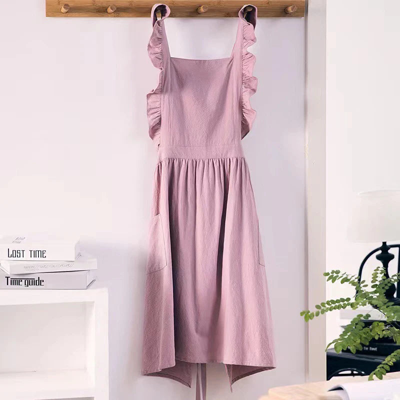 Vintage Frill Apron Dress – Ruffle Strap Kitchen Apron with Pockets for Cooking, Baking & Cleaning