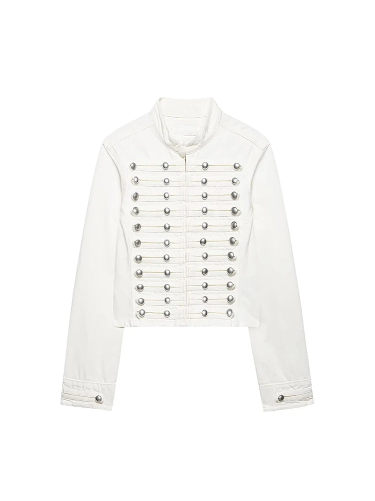 Elarique Military Button Denim Jacket – Cropped Collarless Women's Jacket