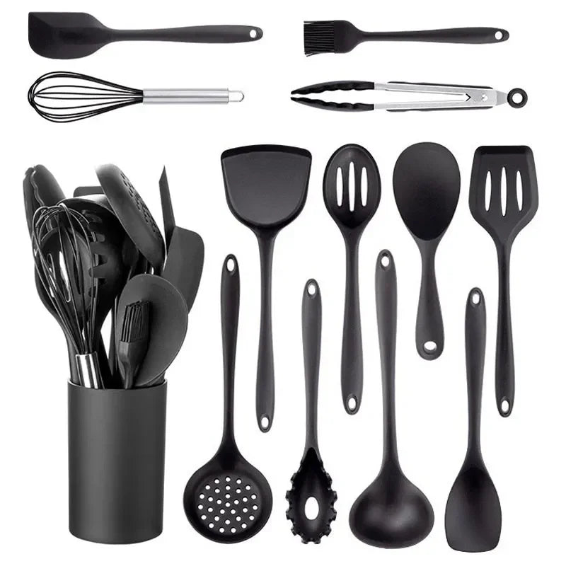 13-Piece Black Silicone Kitchen Utensil Set with Holder – Heat Resistant Non-Stick Cooking Tools