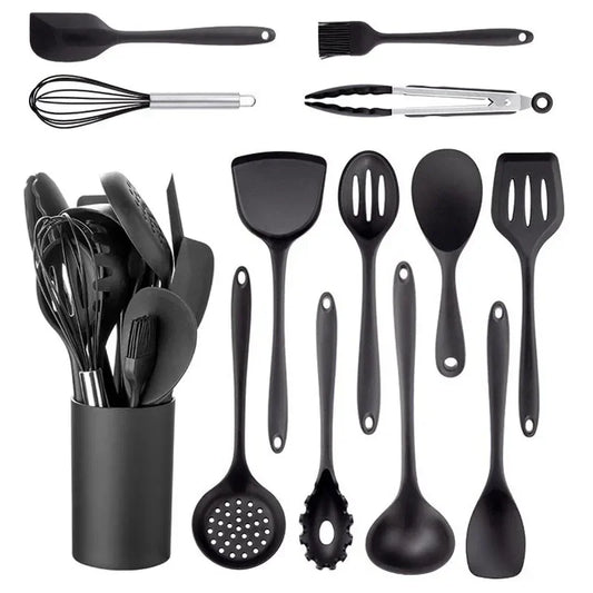 13-Piece Black Silicone Kitchen Utensil Set with Holder – Heat Resistant Non-Stick Cooking Tools