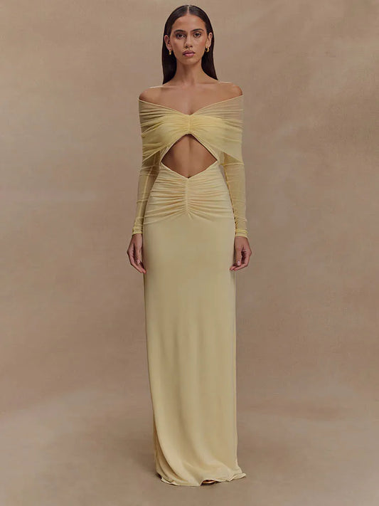 Avielle Off-Shoulder Mesh Bodycon Maxi Dress – Twist Front Ruched Cut-Out Gown for Weddings and Evening Occasions