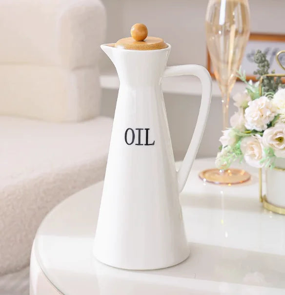 Ceramic Oil and Vinegar Dispenser Bottle with Wooden Lid – Modern Drizzle Jug for Olive Oil & Dressing
