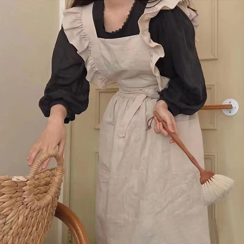 Vintage Frill Apron Dress – Ruffle Strap Kitchen Apron with Pockets for Cooking, Baking & Cleaning