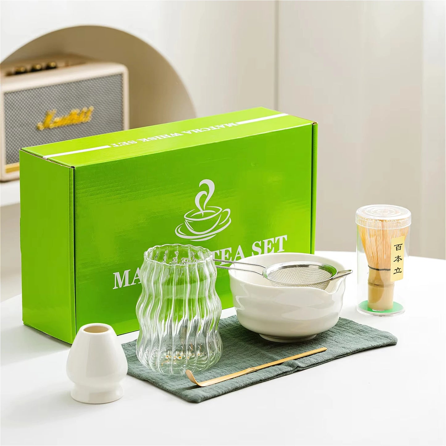 Hikari Matcha Gift Set – 7-Piece Japanese Matcha Tea Making Kit with Glass Cup, Ceramic Bowl & Bamboo Whisk