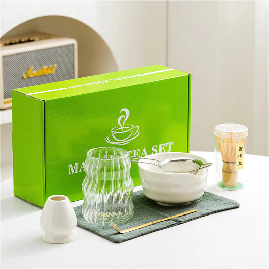 Hikari Matcha Gift Set – 7-Piece Japanese Matcha Tea Making Kit with Glass Cup, Ceramic Bowl & Bamboo Whisk