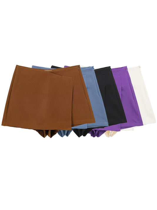Sorlette Asymmetric Wrap Skort – High Waist Mini Skirt Shorts for Women in Cream, Blue, Black, Brown & Purple