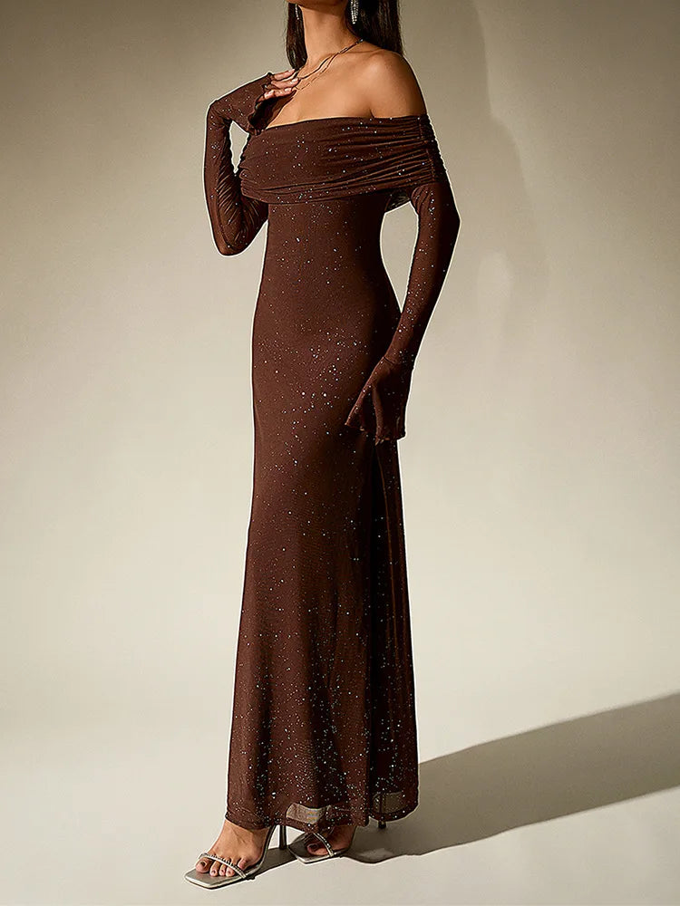 Aurevielle Off Shoulder Glitter Mesh Maxi Dress – Long Sleeve Bodycon Evening, Party & Wedding Guest Gown