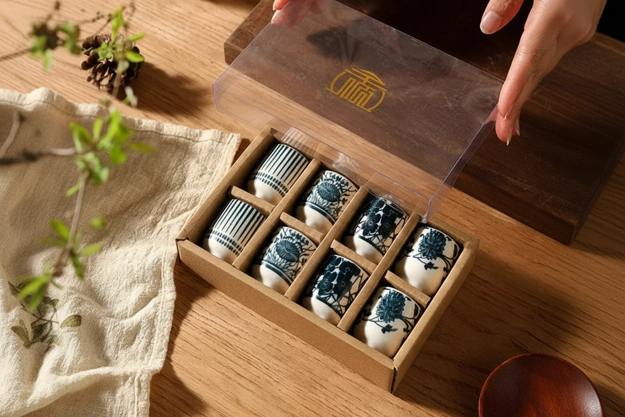 Imperial Sake Set with Ceramic Carafe – 9 Piece Black and White Tea Set Gift Box