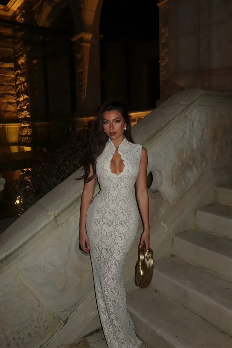 Calyra Lace High Neck Maxi Dress – Sleeveless Fitted Evening Dress, Elegant Wedding Guest & Formal Occasion Gown