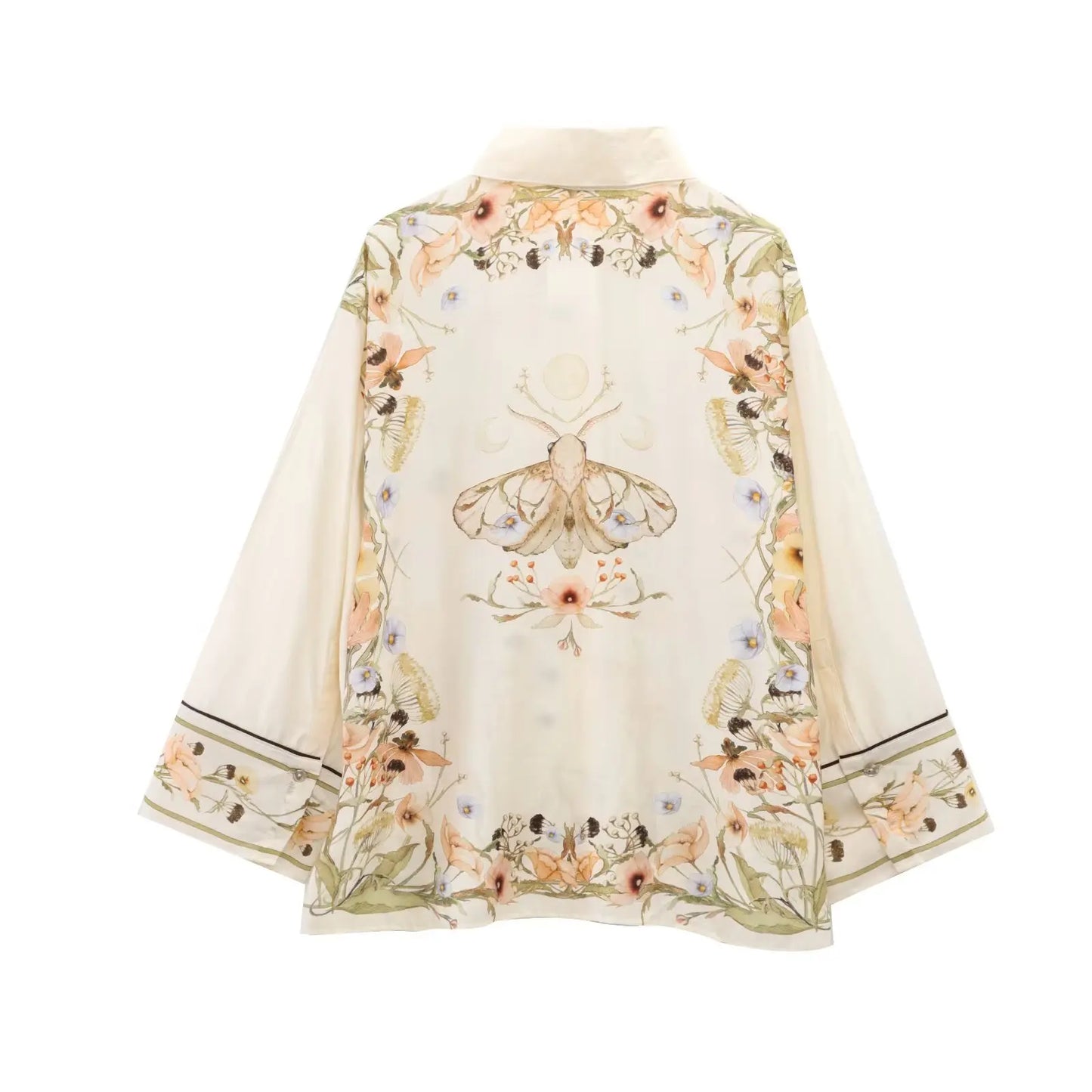Florielle Two-Piece Wide-Leg Shirt and Trouser Co-Ord Set – Cream Floral Matching Outfit with Elastic Waist