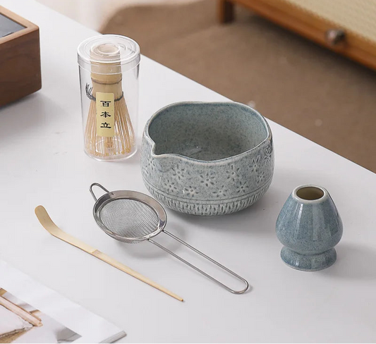 Matcha Tea Set – 5-Piece Japanese Style Whisk Bowl Scoop & Sieve Kit