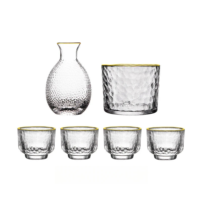Japanese-Style Textured Glass Sake & Whisky Decanter Set – Frosted Glass Carafe with Matching Cups