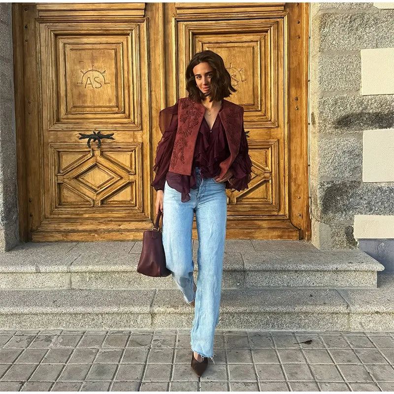 Zafira Embroidered Waistcoat – Sleeveless Boho Layering Piece in Claret or Brown for Casual or Holiday Outfits