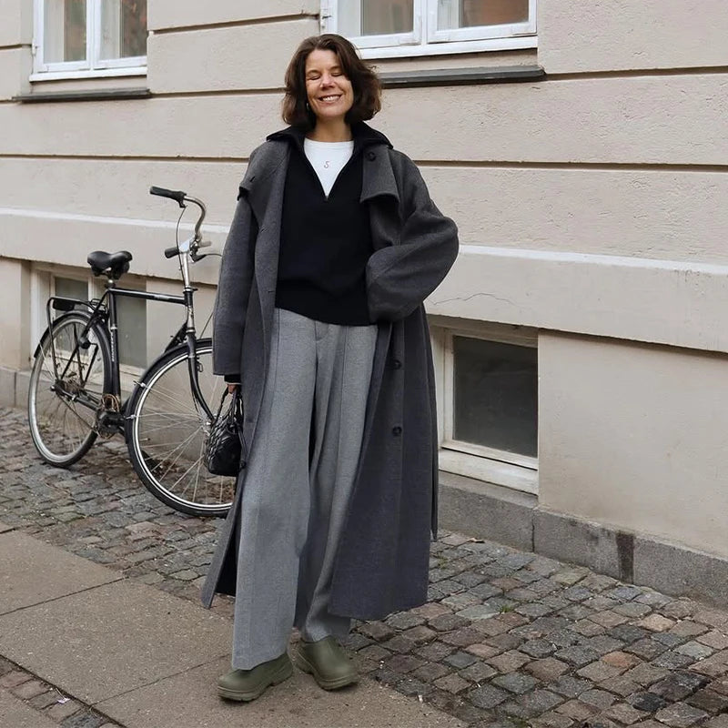 Adelisse Belted High Neck Wool Blend Maxi Coat – Women’s Longline Winter Overcoat with Statement Collar